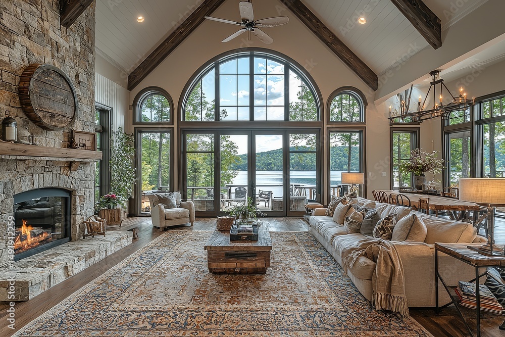 Obraz premium Elegant lakehouse interior with arched windows, stone accents, fireplace, comfortable sofa, large table with chairs, ceiling fan, and natural light overlooking water view