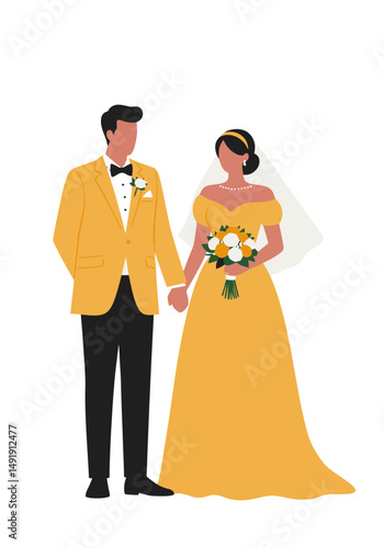 Elegant Wedding Couple in Yellow Attire, Vector Illustration