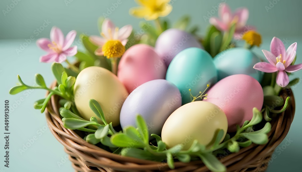 Pastel eggs nestled in a woven basket, adorned with vibrant flowers and fresh green leaves. Pastel eggs nestled in a woven basket, adorned with vibrant flowers and fresh green leaves.