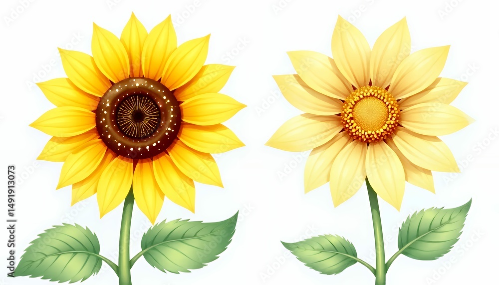 Obraz premium Two sunflowers showcase floral beauty and contrasting color schemes in a botanical illustration.