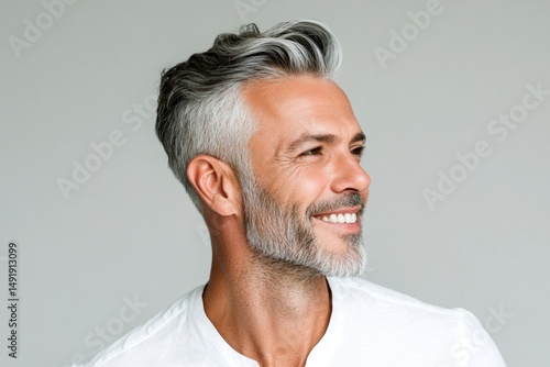 Artwork of style for aging men. Modish men's disconnected undercut haircut - midlife arabian man with middle hair. A charming and elegant man exuding positivity. Pure white solid background.