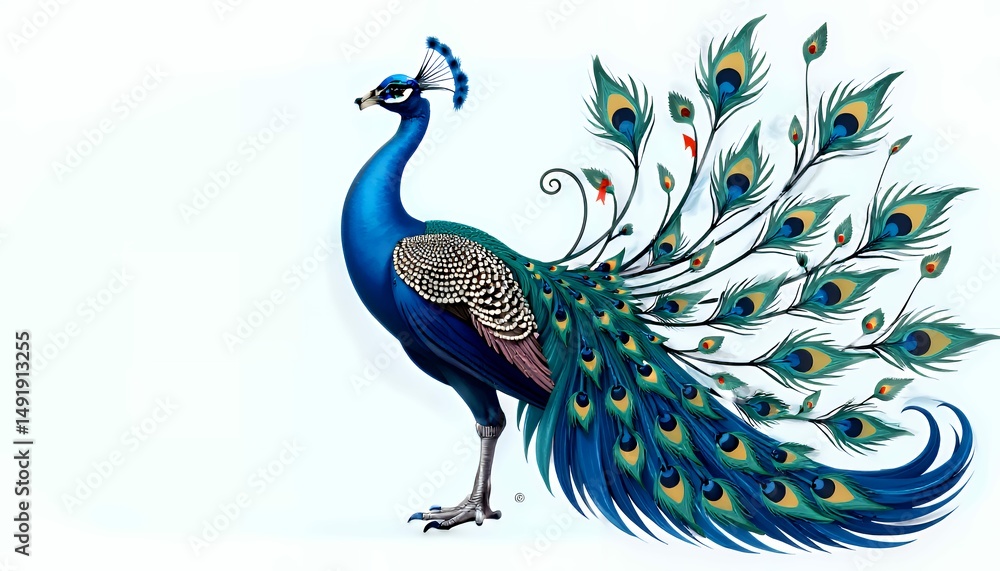Fototapeta premium Majestic peacock struts across a plain backdrop, its blue plumage shimmering in the soft light.