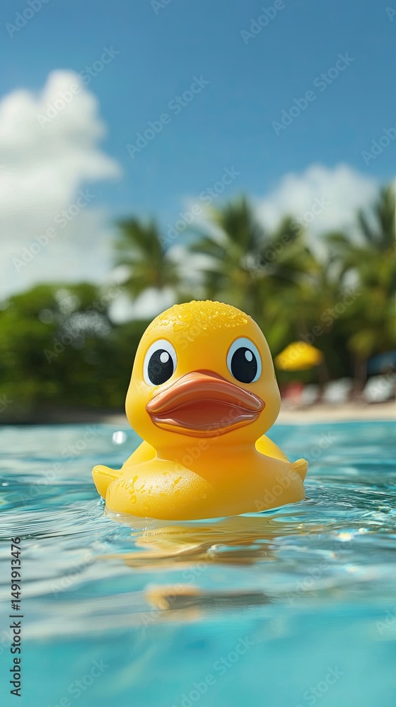 Yellow rubber duck floats on calm water, tropical backdrop Yellow rubber duck floats on calm water, tropical backdrop