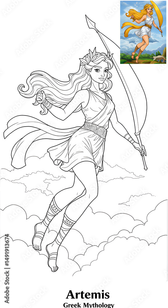 Fototapeta premium Artemis, Greek Mythology: Line Art Coloring Page and Color Reference