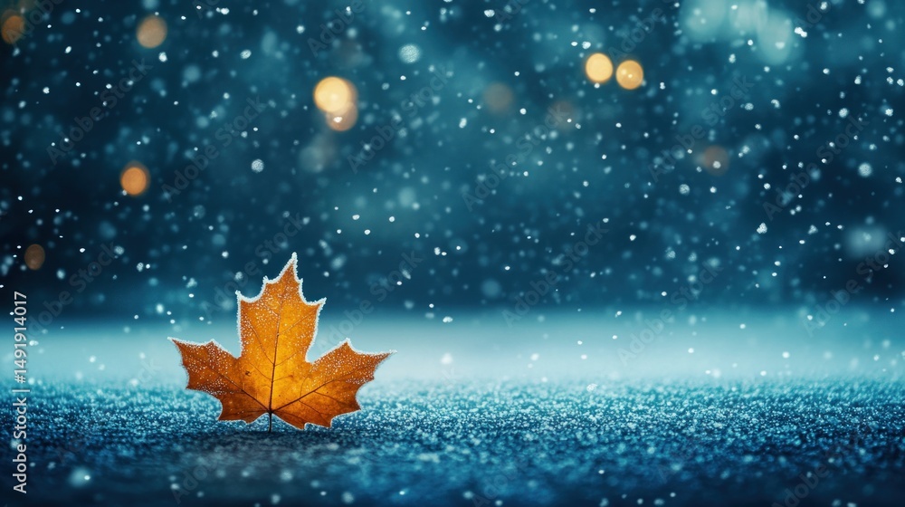 Single autumn leaf on snowy ground with bokeh lights. Single autumn leaf on snowy ground with bokeh lights.