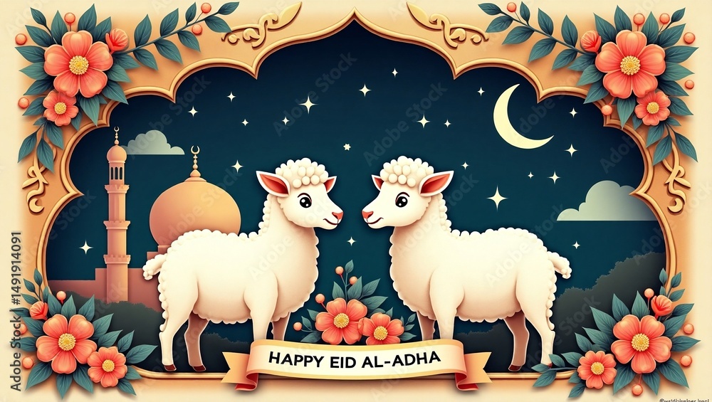 Fototapeta premium Charming Eid al-Adha Illustration Two Sheep under Night Sky