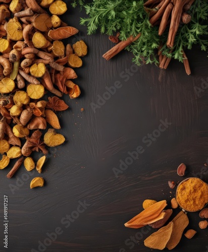 Dried turmeric, coriander, cinnamon on dark wood, turmeric, photography, yellow