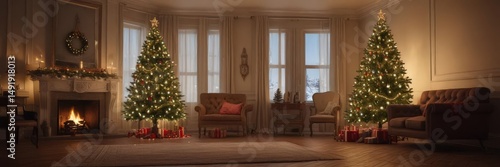 Ornate Christmas tree, glowing lights, cozy room ,  ornaments,  fir,  new year