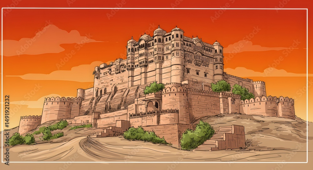 Fototapeta premium Majestic Hilltop Fortress at Sunset A Stunning Illustration