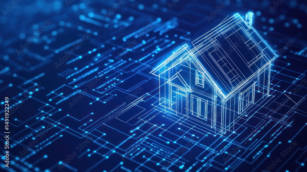 Smart home technology concept 3D wireframe house model on a circuit board. Smart home technology concept 3D wireframe house model on a circuit board.