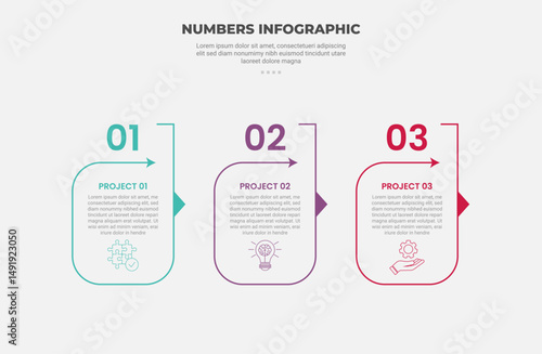 numbers or numerical infographic outline style with 3 point template with round box outline with small arrow direction for slide presentation