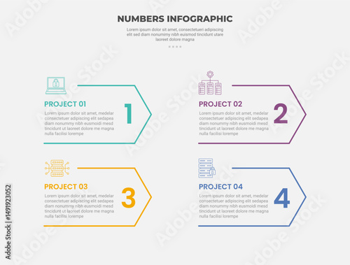 numbers or numerical infographic outline style with 4 point template with open arrow box container for slide presentation