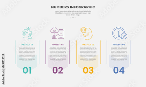 numbers or numerical infographic outline style with 4 point template with container box with simple line divider with arrow top bottom for slide presentation