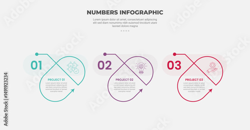 numbers or numerical infographic outline style with 3 point template with creative round capsule skew with arrow line for slide presentation