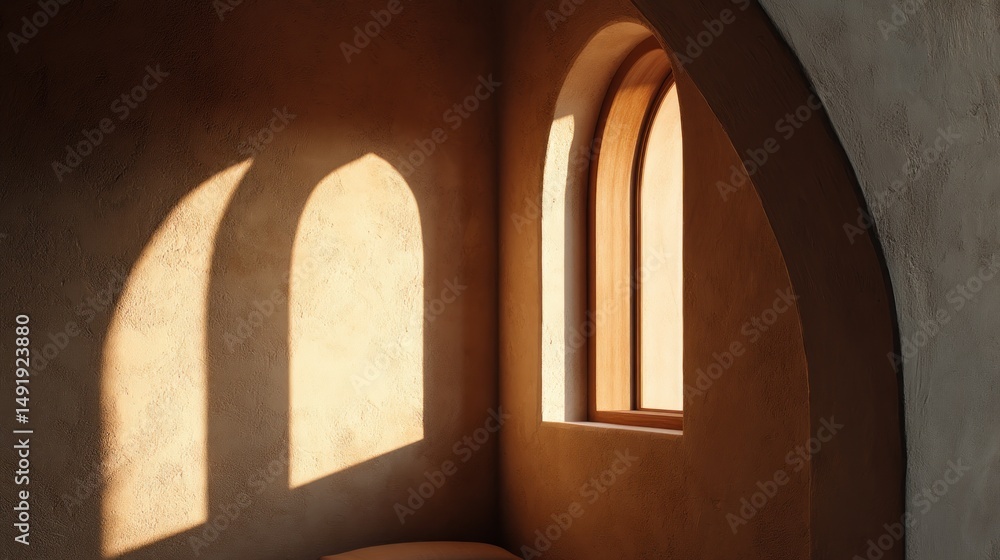 Fototapeta premium Warm sunlight streams through arched windows in a cozy corner