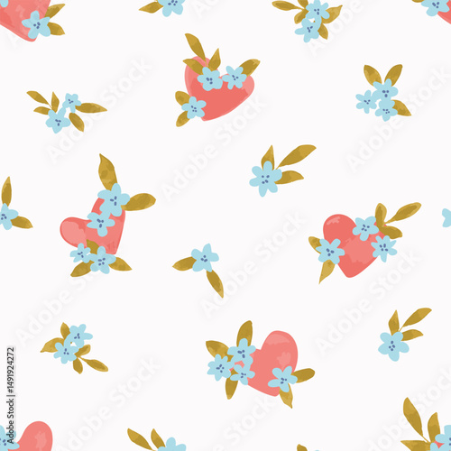Small hearts adorned with pretty ditsy flowers and leaves in colors of red, blue and green on off white background. Valentine’s Day seamless vector pattern. Great for home decor, fabric, wallpaper,etc