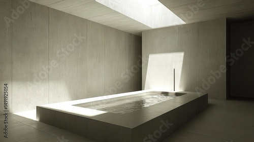 Minimalist, modern bathroom with a light-filled, concrete tub