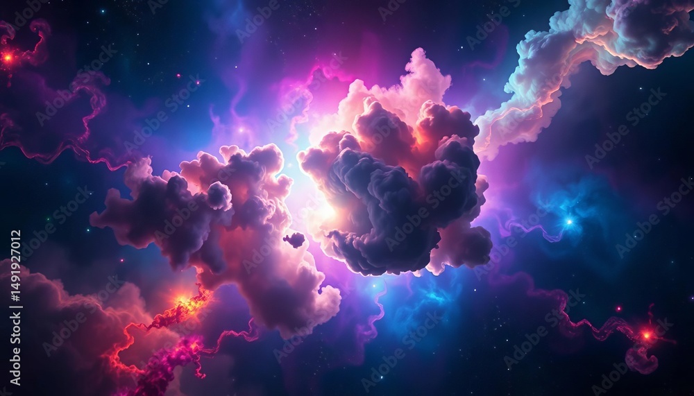 Obraz premium Cosmic gas clouds illuminate vibrant nebulae, birthing new stars in a breathtaking abstract space, cosmic, birth