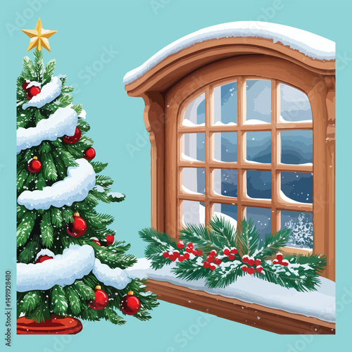 Christmas Window with Snow and Festive Decor Clipart