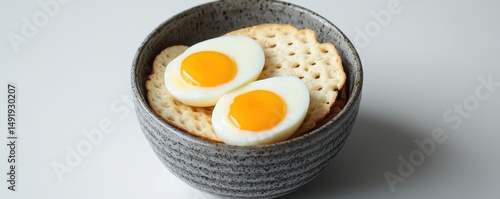 A ceramic bowl with two halved boiled eggs placed on top of round crackers, photographed on a white background.