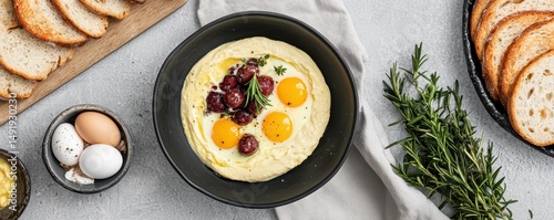 Rustic bread and fresh eggs with creamy hummus, olives, and herbs, arranged on a light background for a delicious, cozy meal.