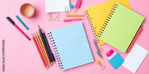 Pink background showcasing stylish stationery, pens, notebooks, clips, and other office supplies arranged for back-to-school or workplace organization, washi tape, flat lay