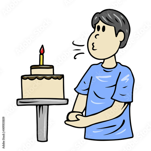 Cartoon Boy Blowing Out Birthday Candle