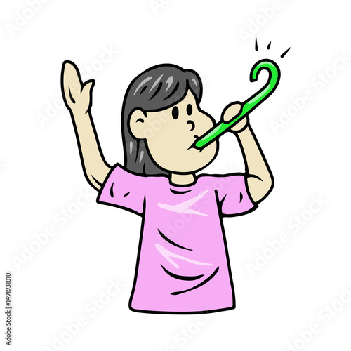 Cartoon Girl Blowing Noisemaker Illustration
