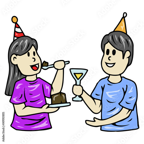 Illustration of People Celebrating with Cake and Drinks