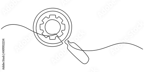 Concept of Business analysis and engine optimization in outline style. Used for logo, emblem, web banner, presentation, Gear and magnifying glass linear icon. Continuous one line drawing gear pro.