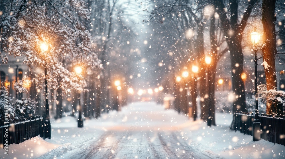 Snow falling on a street lined with snow-covered trees and illuminated lampposts. Snow falling on a street lined with snow-covered trees and illuminated lampposts.