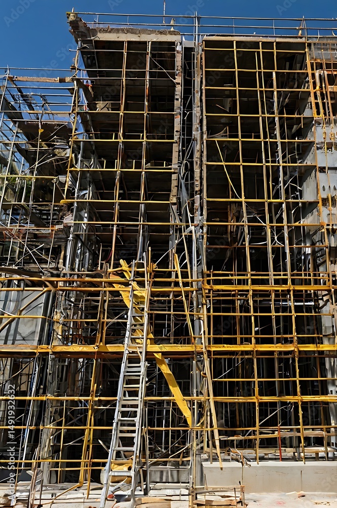 Obraz premium Extensive Scaffolding Encircles Damaged Building Facade