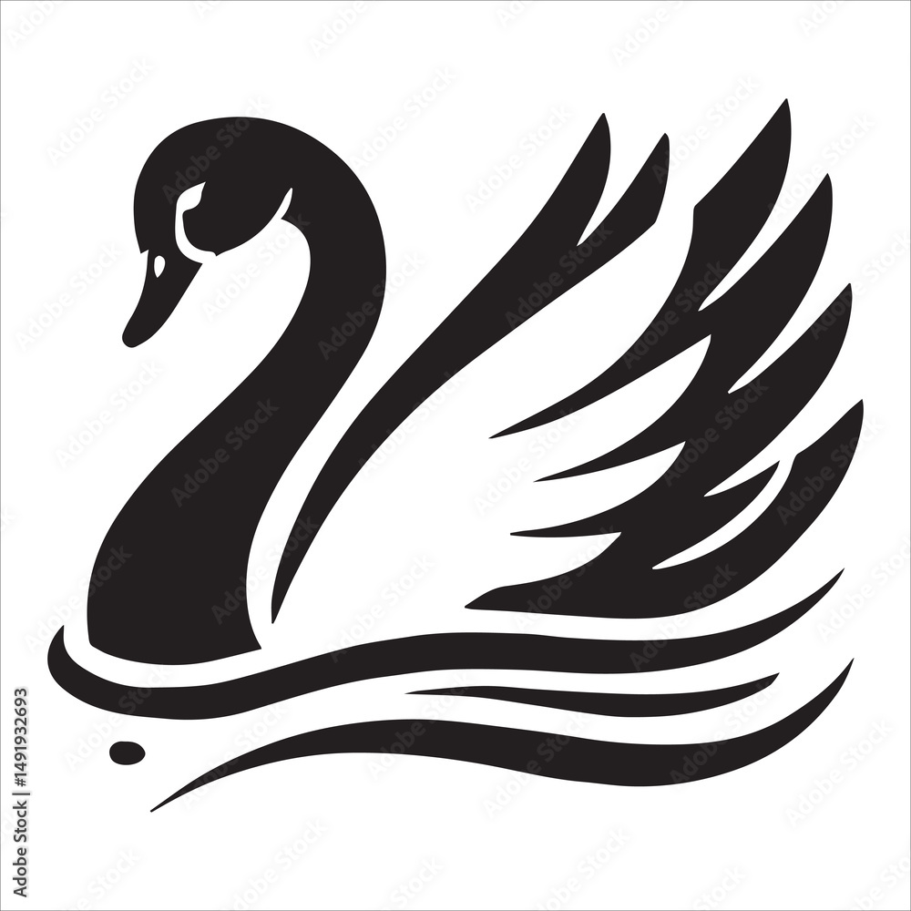 Obraz premium Elegant Black Swan Silhouettes, Black swan silhouette resting on white background, elegant and graceful design, a black silhouette of a swan swimming on a body of water, black swan on the lake