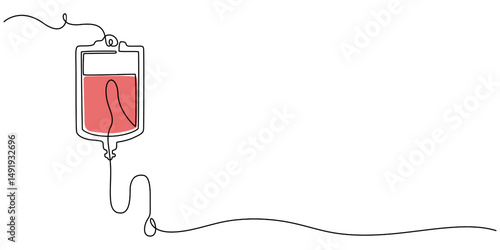 One continuous line drawing of infusion bag . Single line of iv bag vector illustration, Continuous one line drawing of iv bag - medical equiptment. blood medical bag, iv bag, Medicine, clinic and pro