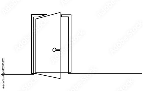 Open door one line illustration, welcome sign continuous line art drawing, Door outline drawing illustration. one continuous line drawing of opened door. A modern line art depiction of an open door in