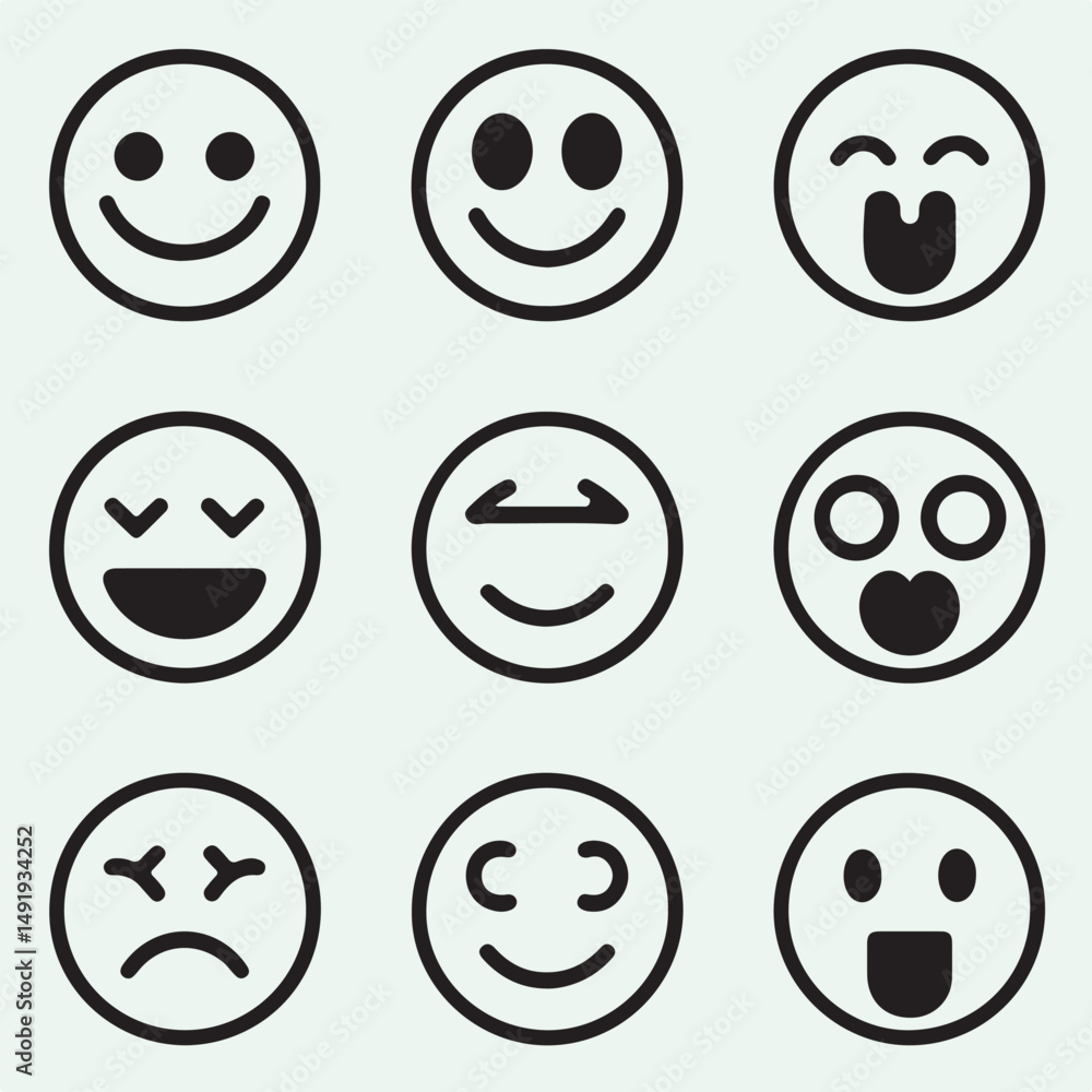 Collection of vector smiley faces expressing various emotions and feelings with simple outlines Collection of vector smiley faces expressing various emotions and feelings with simple outlines