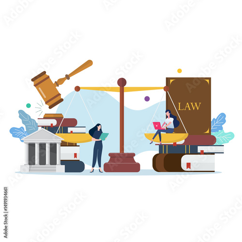 Law and justice class with miniature people. Scales of justice, gavel and book.
