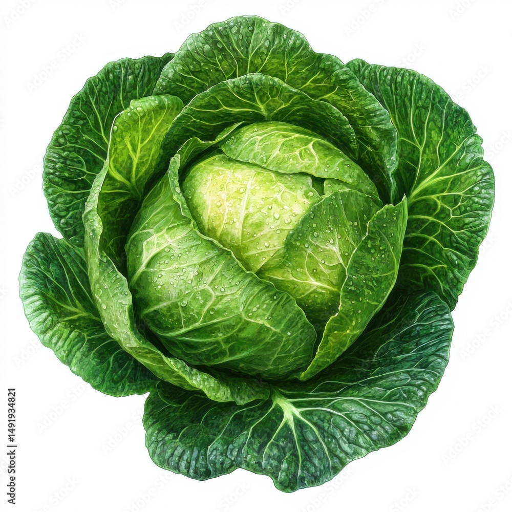 Fototapeta premium Fresh green cabbage head close up on white background studio shot healthy eating concept raw ingredient