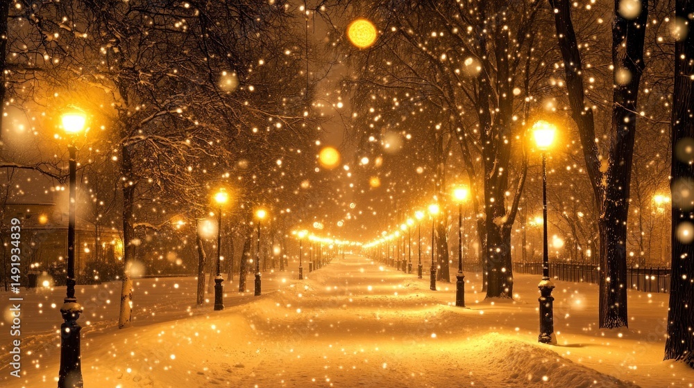 Snow-covered path at night with illuminated lamps. Snow-covered path at night with illuminated lamps.