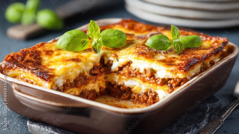 Delicious Lasagna in Brown Dish Close Up Studio Shot Italian Cuisine Comfort Food Meal Preparation Recipe Delicious Lasagna in Brown Dish Close Up Studio Shot Italian Cuisine Comfort Food Meal Preparation Recipe