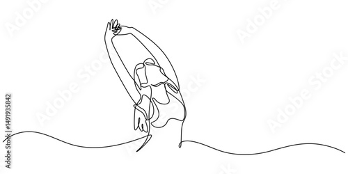 Continuous line art or One Line Drawing of a woman stretching arms is relaxing picture, woman raising hands in an exercise of relax and breathing, freedom and openness to peace. minimal style.