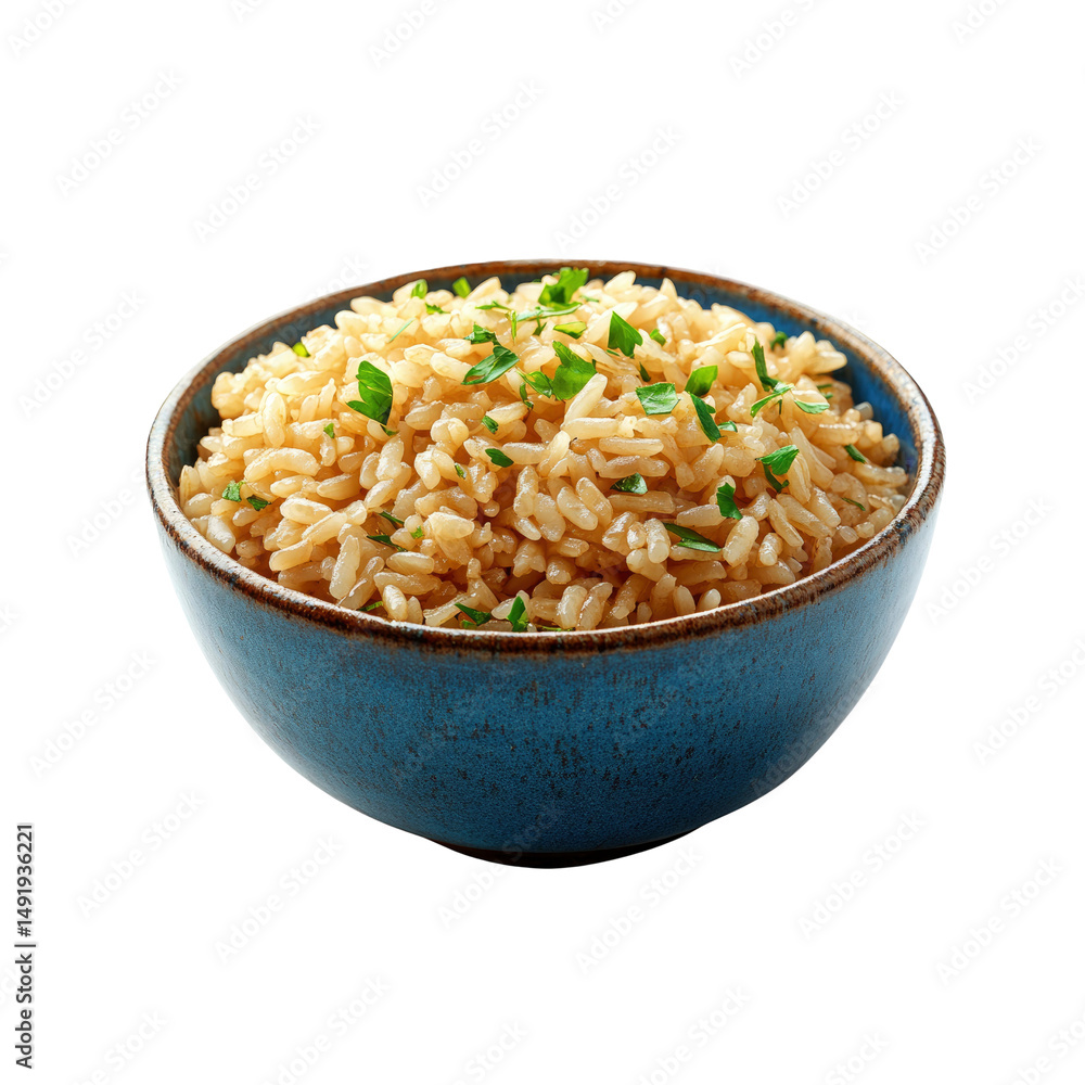 Bowl of Cooked Brown Rice with Parsley Garnish Bowl of Cooked Brown Rice with Parsley Garnish