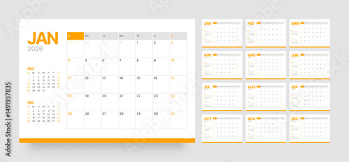 Monthly calendar layout for 2026 year. Diary planner for 2026 year. Week Starts on Sunday. Calendar Set for 2026 year.