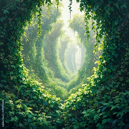 The image depicts a lush, verdant forest where sunlight filters through a dense canopy of green foliage, creating a tunnel-like effect.