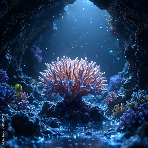 The image depicts a vibrant coral reef teeming with marine life, including a large coral at the center with numerous tentacles extending outward.