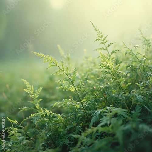 The image captures a lush, verdant field of ferns bathed in soft, natural light, evoking a serene, tranquil atmosphere.