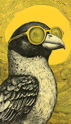 Ilustración de un pájaro en colores vintage con anteojos de sol amarillos, sobre fondo amarillo
