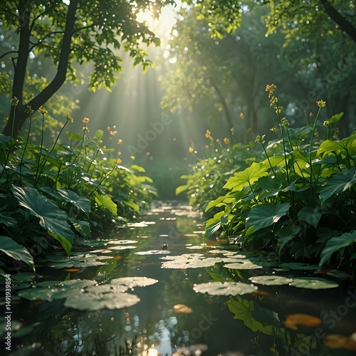 A tranquil forest scene is captured with sunlight filtering through the lush foliage and casting a gentle glow on a pond, where lily pads float on the water's surface.