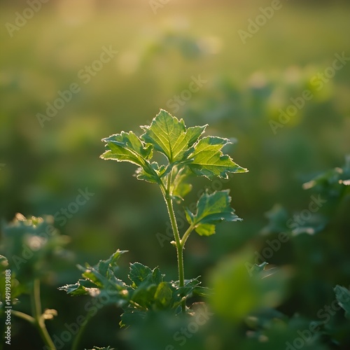 The image features a close-up of a small green plant with vibrant, shiny leaves, set against a blurred backdrop of greenery, highlighting the plant's delicate structure in the foreground.