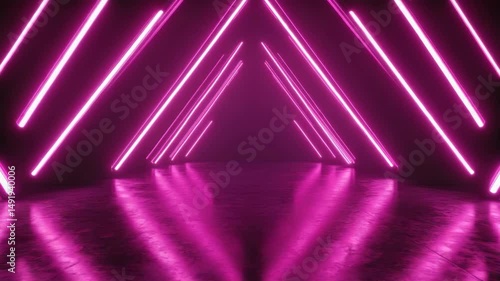 Empty dark room with a corridor of pyramidal purple neon glowing lines